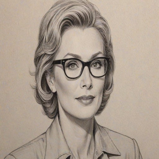 Appealing Jane Lynch, pencil sketch, portrait of Superb woman 1950s in glasses, hair style beatnik, outline, clear lines, fine lines, 8k