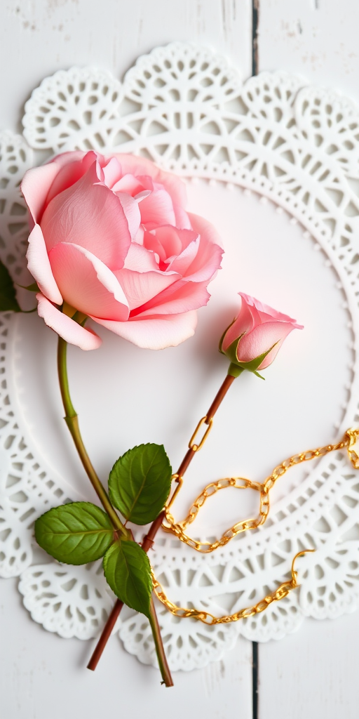 Create an image of a delicate white doily circular frame with a soft pink rose and a gold rose intertwined with a golden chain, captured with a DSLR camera at f/2.8 aperture, ISO 100, 50mm lens, natural soft lighting, top-down view, high contrast to enhance colors.