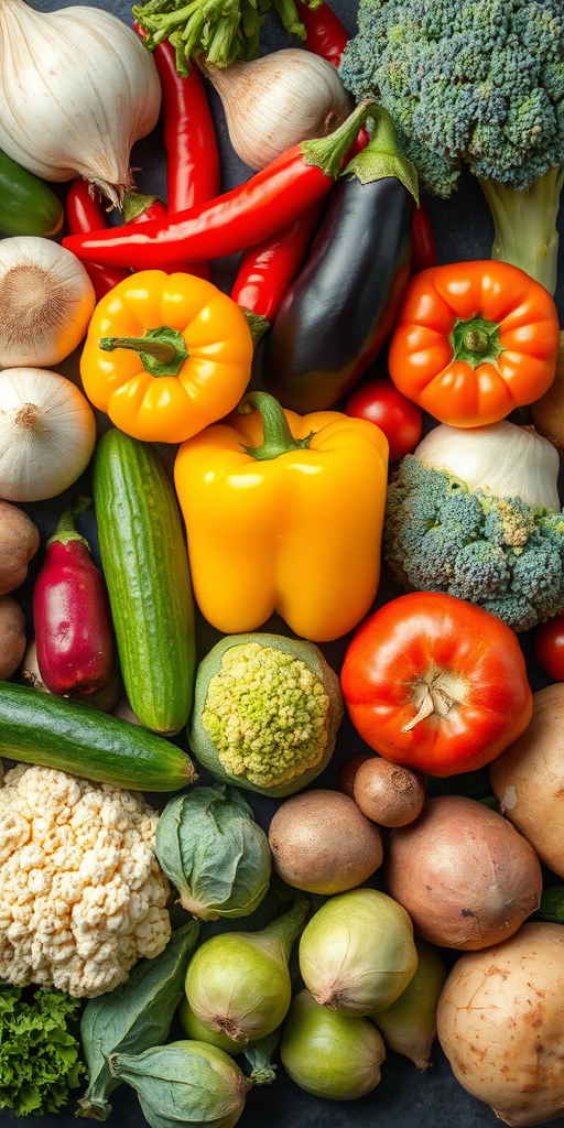 Regenerate the image of assorted vegetables including garlic, chili pepper, turnip, broccoli, eggplant, cucumber, yellow bell pepper, tomato, cauliflower, radish, potato, and brussels sprouts, using a digital camera, focal length 35mm, aperture f/5.6, ISO 100, with a top-down view for enhanced detail and vibrant colors.