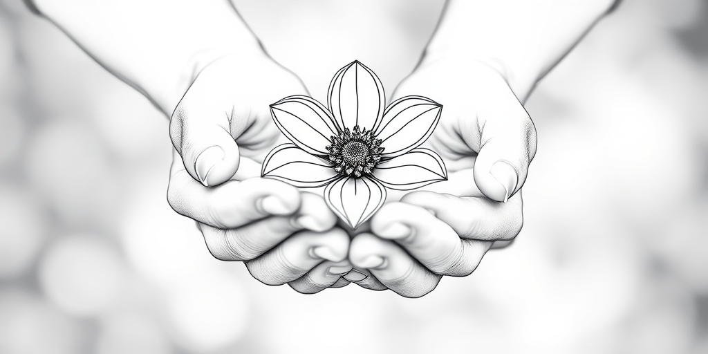 Generate a high-quality line art image of two hands gently holding a flower, using a DSLR camera, aperture f/2.8, focal length 50mm, ISO 100, with a soft-focus background and natural lighting for enhanced detail and contrast.