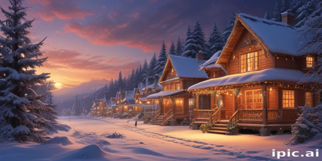 Charming Winter Village at Sunset with Snow-Covered Cozy Cabins