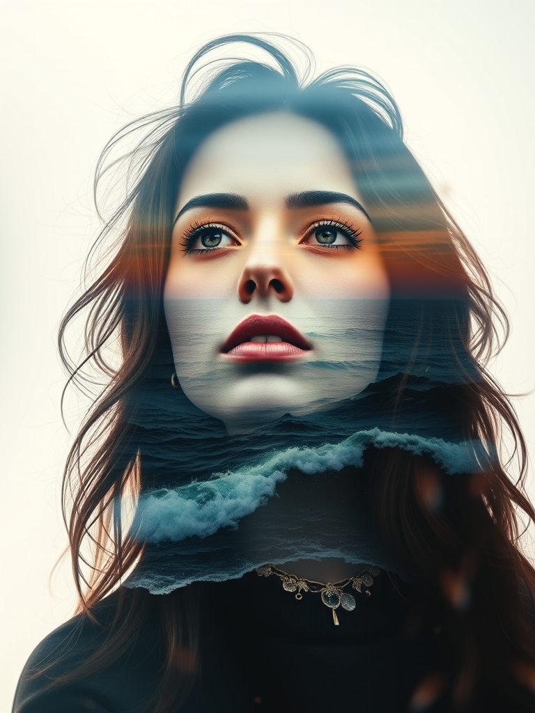 design Book cover, A surreal double exposure portrait that blends a woman's face with a beautiful seascape. The overall mood is dreamy and mystical, with rich colors and intricate details
