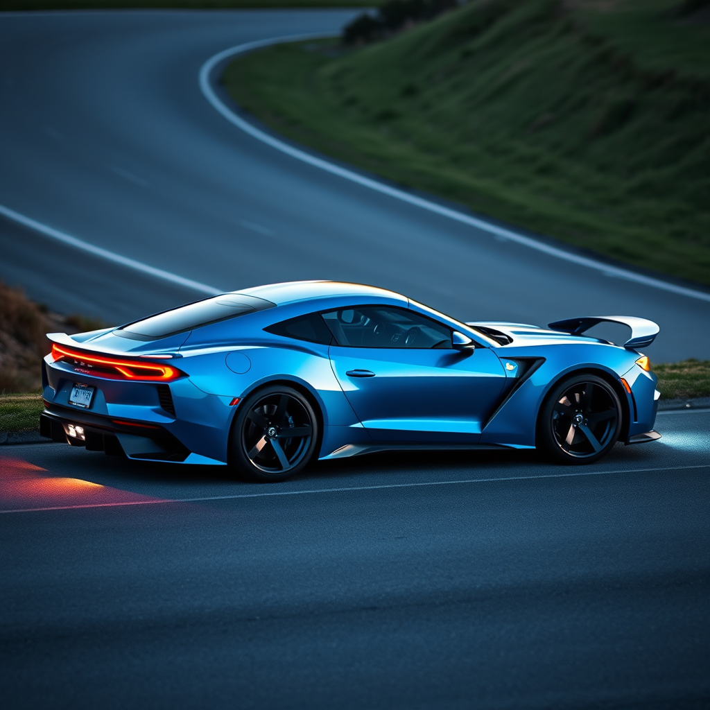 Generate an image of a luxury sports car parked on the side of a road during what appears to be dawn or dusk, given the soft light and shadows. The car should have a sleek design with aerodynamic features, a low-profile stance, and large, alloy wheels. It should display a contemporary color scheme, possibly a unique shade of blue that matches well with the ambient light in the setting. The vehicle's bodywork should gleam, reflecting the surrounding environment, and it should have distinctive lighting accents that enhance its sporty appearance. In the background, there should be a roadside with a grassy embankment on one side and possibly some trees or shrubbery along the edge of the pavement. The overall mood of the image should convey a sense of luxury, speed, and the tranquility of an early morning or late evening drive.