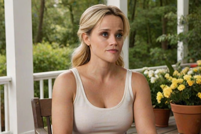 A photo of Reese Witherspoon with a background of a cozy porch. She has dark hair pulled back in an updo, with tendrils framing her face. She wears a white tank top and sits on the porch. The porch is part of a well-lit home with a warm, earthy tone and colorful flowers and foliage. The overall scene has a warm, welcoming, and comfortable ambiance.
