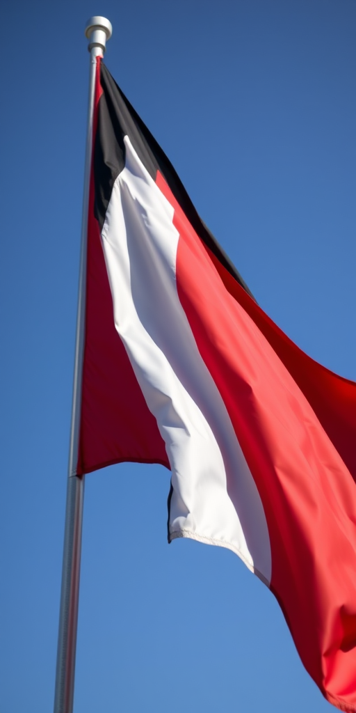 Create an image of a waving flag featuring the red, white, and blue design of a German state flag, using a DSLR camera with a 50mm lens, f/4 aperture, ISO 100, and a shutter speed of 1/250s, with a slight motion blur effect to emphasize movement, captured in natural daylight for vibrant colors.