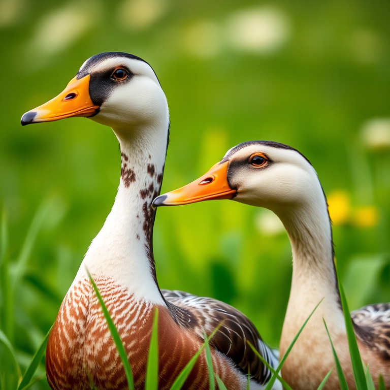 close-up of two ducks in a lush green field, shallow depth of field, 50mm lens, aperture f/2.8, ISO 200, natural light, DSLR camera, vibrant colors