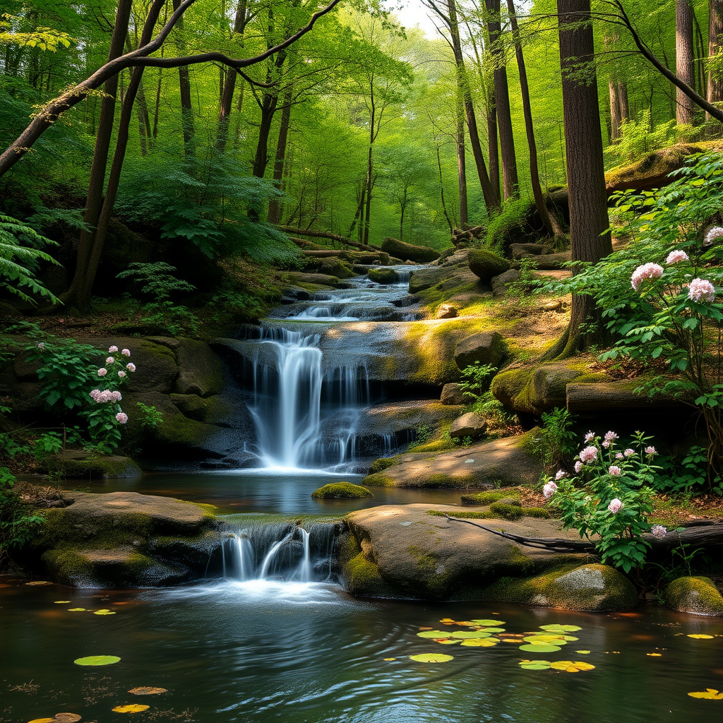 Regenerate a serene forest scene featuring a tranquil waterfall cascading into a pond surrounded by lush greenery and blooming flowers, using a DSLR camera with a 50mm lens, aperture set to f/2.8, ISO 100, and natural soft lighting for enhanced clarity and depth.