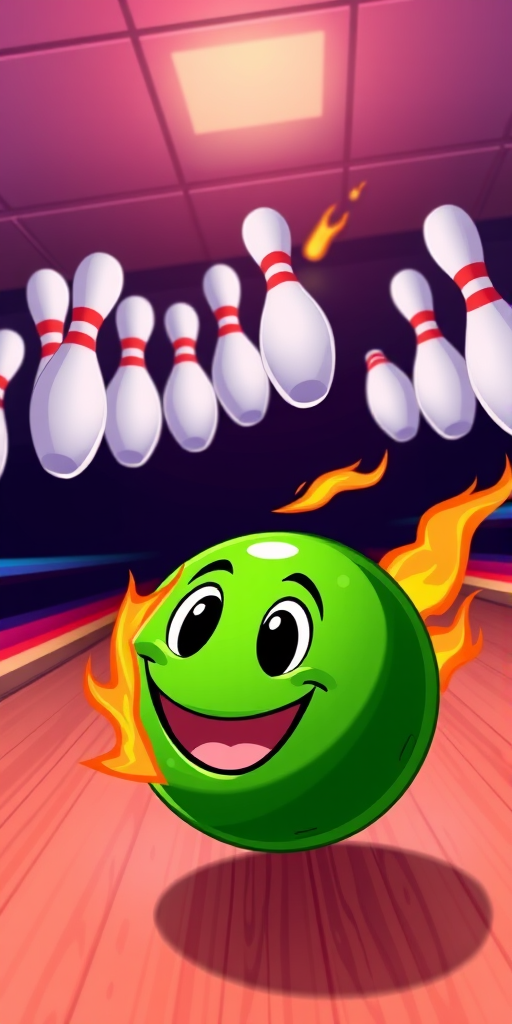 Create an illustration of a cartoon bowling scene featuring a green bowling ball with a smiling face, emitting fiery flames, approaching a set of ten white bowling pins with red stripes, shot from a dynamic low-angle view, using a digital illustration style, with high resolution and vibrant colors, focusing on sharp details and smooth gradients.