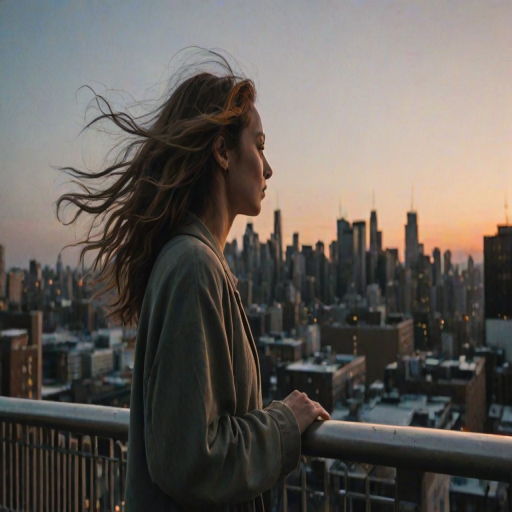 Bustling city rooftop at dusk, the skyline illuminated by the last light of the day, a woman stands by the railing, her hair blowing gently in the wind as she takes in the panoramic view.