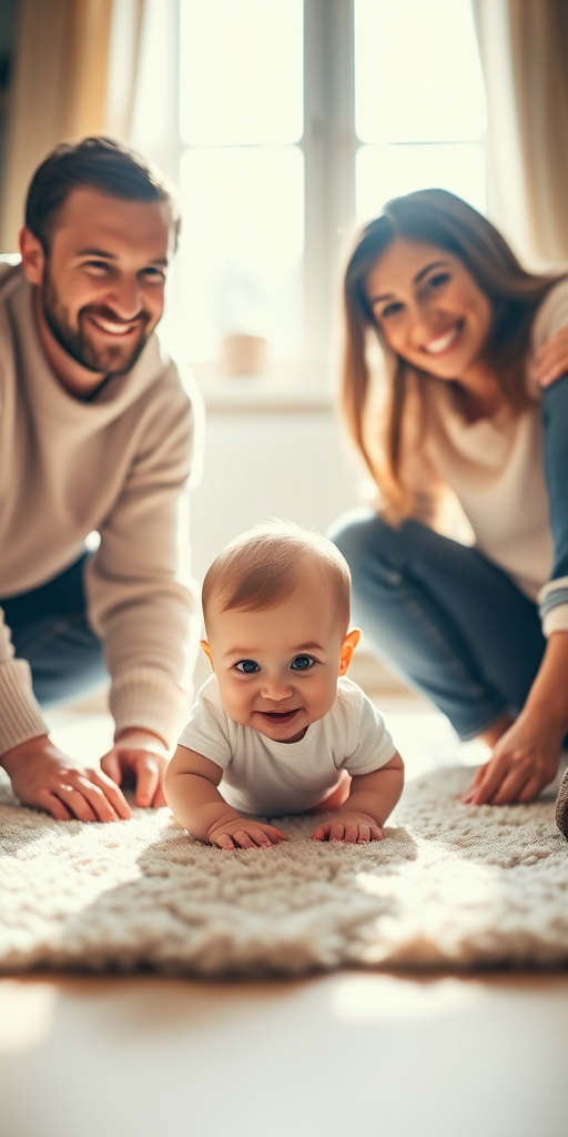Capture a cozy, sunlit family moment with a baby crawling on a soft rug between smiling parents, using a 50mm lens at f/1.8 for shallow depth of field, ISO 200, natural light, soft focus, taken from a slightly low angle to emphasize warmth and connection, using a full-frame DSLR camera.