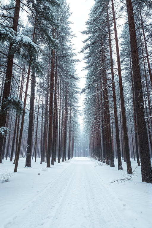 create a snowy forest scene with tall pine trees and a snow-covered path, focus on soft natural lighting, use a Canon EOS R5 with a 24-70mm f/2.8 lens, settings at ISO 100, aperture f/4, shutter speed 1/125 sec, shot from a low angle to emphasize depth and make the forest feel immersive