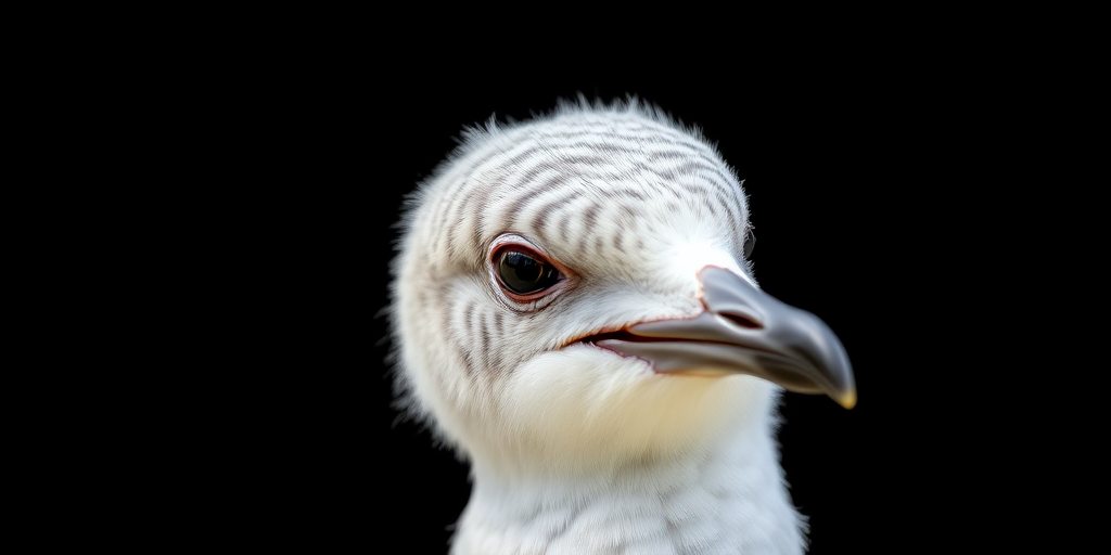 close-up of a young seagull with detailed feather textures, shot with a Canon EOS 5D Mark IV, 85mm lens, f/2.8 aperture, ISO 100, 1/250s, natural light, black background for contrast, high-definition photography