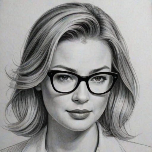 Fetching Emily VanCamp, pencil sketch, portrait of Fascinating woman 1951s in glasses, hair style beatnik, outline, clear lines, fine lines, 8k