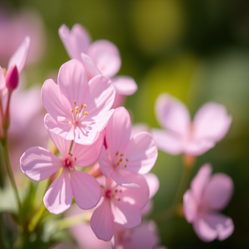 macro shot of delicate pink flowers with a soft bokeh background, aperture f/2.8, shutter speed 1/200 sec, ISO 100, focal length 60mm, taken with a DSLR camera in natural light