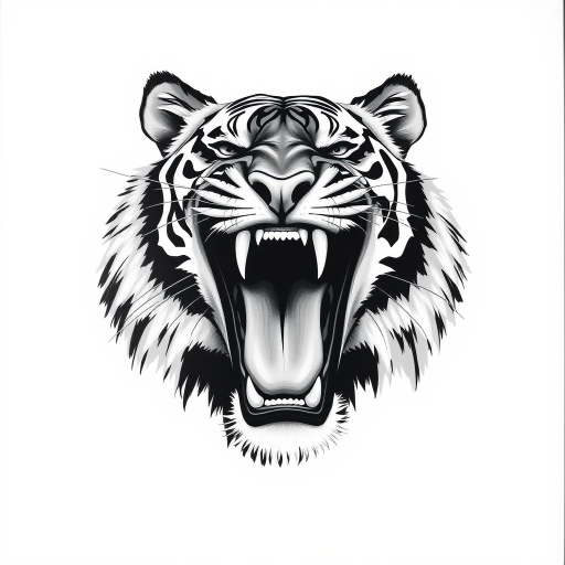 Abstract black and white acrylic portrait of an over exaggerated laughing (tiger). Minimalism style. White background.