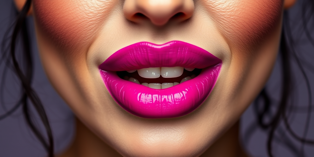 Fierce woman lips showcasing ombre effect from deep purple to bright fuchsia, full face image exuding power and confidence