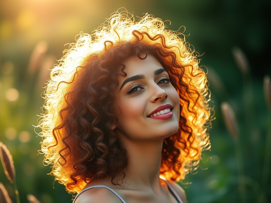 portrait of a woman with curly hair enjoying nature in soft sunlight with a warm, ethereal glow, f/1.8, ISO 100, 50mm lens, golden hour lighting, captured with a DSLR camera in a shallow depth of field, vibrant greens in the background