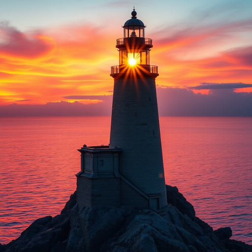 Generate an image of a tall lighthouse perched on a rocky outcrop surrounded by calm ocean waters during a breathtaking sunset. The lighthouse stands sturdy and weathered, its stone surface illuminated by the warm golden light of the setting sun. The sun's rays pass directly through the glass lantern room at the top of the lighthouse, casting a brilliant light across the scene. The sky is painted with vibrant shades of orange, pink, and purple, reflecting off the tranquil sea. The surrounding water shimmers with the same warm hues, creating a serene and majestic atmosphere.