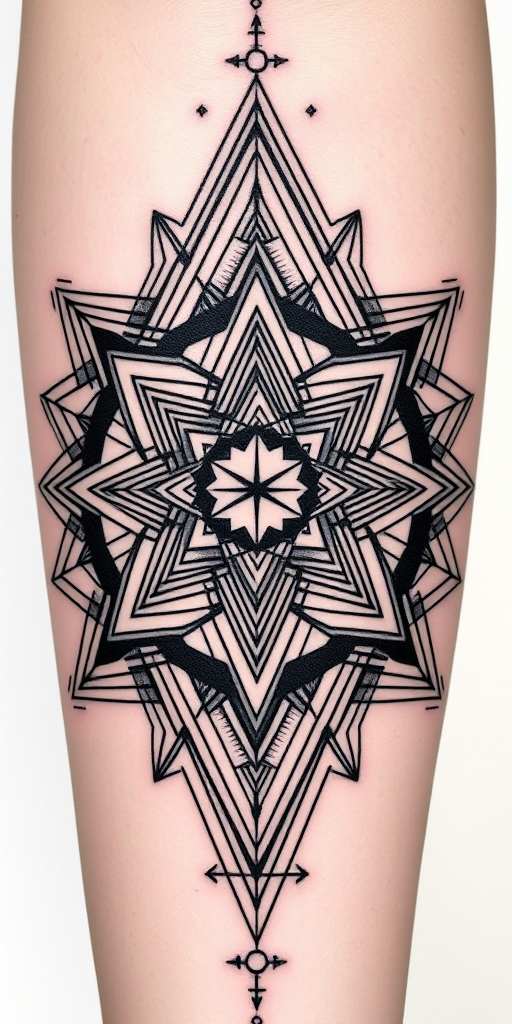 Geometric blackwork tattoo titled "Sacred Symmetry" incorporating precise shapes and lines to create three-dimensional optical illusions and mesmerizing patterns across the skin