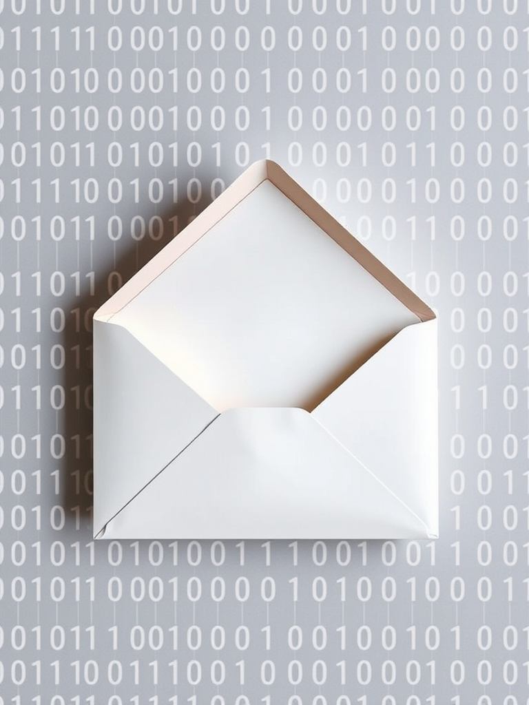 Create an image of a stylized envelope with an open flap, surrounded by floating binary code, using a high-resolution digital camera with a 50mm lens, f/1.8 aperture, ISO 100, and soft natural lighting for a vibrant and clear look.