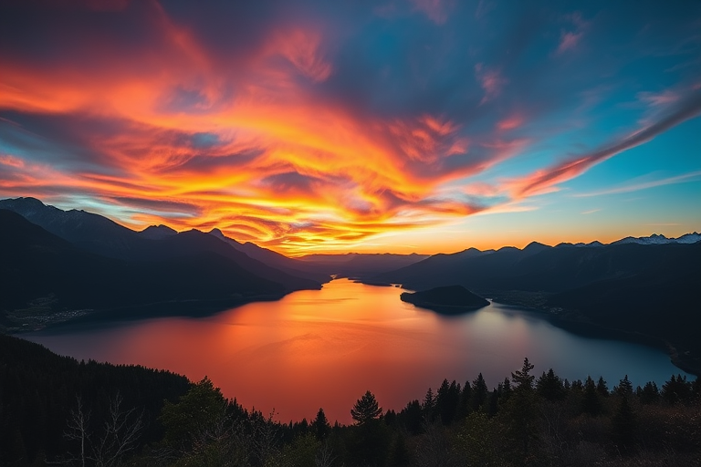 Generate an image of a sunset over a serene lake surrounded by mountains with vibrant colors in the sky, captured with a Canon EOS R5 at f/5.6, ISO 100, 1/125s, shot from a low angle using a wide-angle lens for depth.