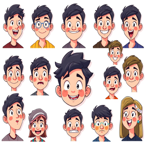 Create a high-quality illustration of a character with a variety of facial expressions in a grid layout, using a 50mm lens, f/2.8 aperture, 1/60 shutter speed, and ISO 200, with a flat lay perspective and vibrant colors to enhance the image quality.
