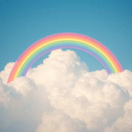 create a vibrant cartoon-style image of a rainbow with pastel colors arcing over fluffy, cartoonish clouds in a bright blue sky using a DSLR camera at f/4, 1/200s exposure, ISO 200, with a wide-angle lens at a 24mm focal length for enhanced clarity