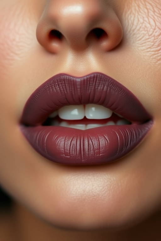 Sultry matte mauve lips, subtly lined for definition, showcasing a natural and effortless beauty, with a soft and velvety texture that enhances the overall allure