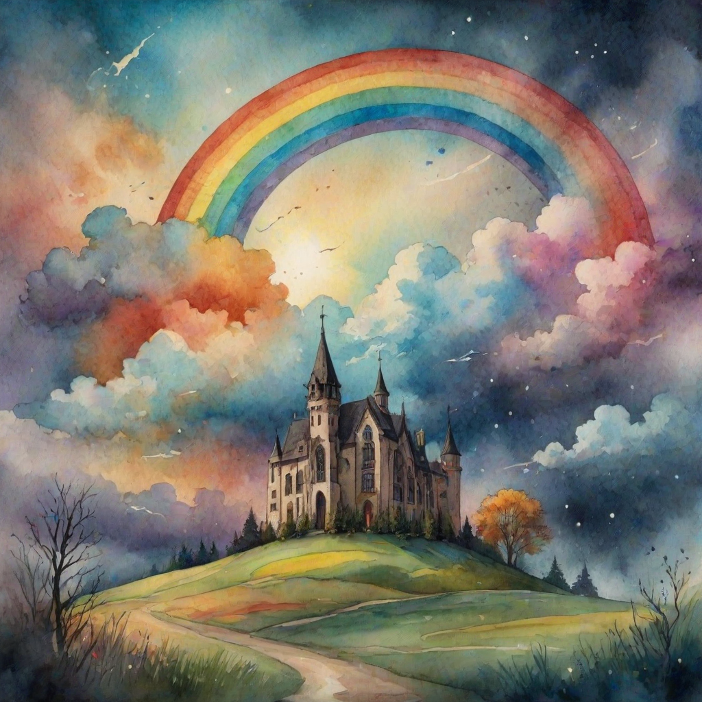 A whimsical and surreal sky with a vibrant rainbow, featuring dramatic lighting effects and a textured watercolor background, with a touch of gothic aesthetic.