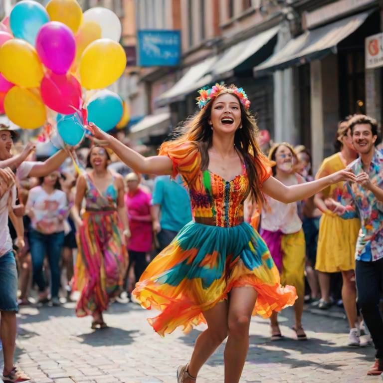 Blurry candid shot of a vibrant street festival, with performers in bright costumes dancing, colorful balloons floating above, and the joyful energy of the crowd softly captured in motion.