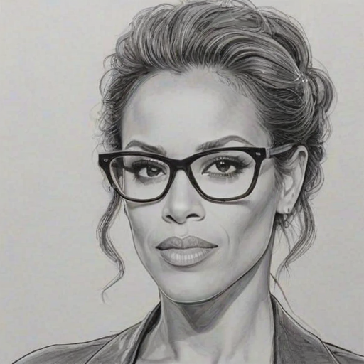 Pleasing Nicole Ari Parker, pencil sketch, portrait of Gorgeous woman 1979s in glasses, hair style beatnik, outline, clear lines, fine lines, 8k