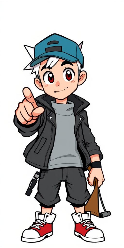 Create a hand-drawn illustration of a cartoon character with spiky hair wearing a cap and a jacket, pointing confidently while holding a slingshot in the other hand, using a high-resolution digital art style with a focus on clean lines and vibrant colors, set at 300 DPI, with a view from slightly below waist level to emphasize the character's stance and attitude.