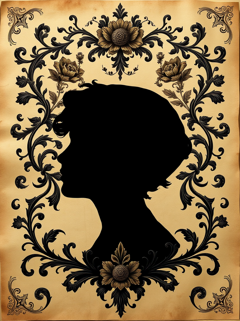 Create an ornate vintage portrait of a person with a dark silhouette surrounded by intricate floral and baroque designs on a parchment background, captured with a Canon EOS 5D Mark IV, 50mm f/1.8 lens, aperture f/2.8, ISO 100, and low angle view for dramatic effect.