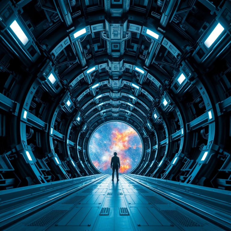 Generate a futuristic tunnel scene with a person standing at the end, featuring intricate metallic structures and a cosmic view at the opening, captured with a DSLR camera at f/2.8 aperture, ISO 100, 24mm lens, and a wide-angle perspective to enhance depth and detail.