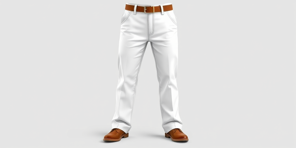 Full-length illustration of white pants with a brown belt, captured from a front view, using a high-resolution DSLR camera at f/4.5 aperture, 1/250s shutter speed, and ISO 100, with streamlined lighting for enhanced clarity and details.