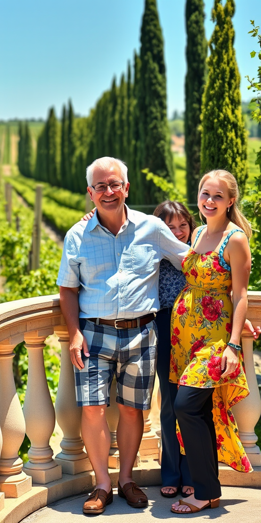 A medium shot photo of three peoplea man and two women posing happily in front of a vineyard under bright natural light. The image has a vibrant color palette, with the greenery of the vineyard and clear blue sky enhancing the cheerful atmosphere. The man, who appears to be Caucasian with an older appearance, has a medium build and light skin with a slight tan. He wears glasses, a light blue button-up shirt, and plaid shorts, smiling warmly while standing between the two women. On his right, a woman with fair skin and blonde hair tied back is wearing a yellow sundress with colorful floral patterns; she leans slightly towards him, smiling at the camera. On his left, the other woman, also with fair skin and blonde hair tied back, wears a blue patterned blouse and dark trousers, leaning in with a broad smile. The bright sunlight casts soft shadows, creating a lively, clear atmosphere. The setting is a vineyard with rows of lush vines and tall, thin cypress trees lining a path. The balustrade they lean against adds a touch of elegance, suggesting a winery or an estate. The image captures intricate details with high clarity, and the bright lighting emphasizes both the subjects and the scenic backdrop, evoking a warm and joyful moment shared among family or friends