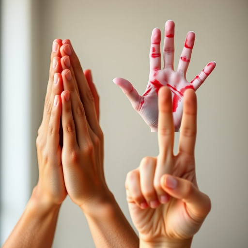 Create a high-resolution image depicting four distinct hand gestures: a pair of clasped hands, a blue open hand, a red handprint, and a raised index finger, captured with a Canon EOS R5 camera, 50mm lens, f/1.8 aperture, ISO 100, natural lighting, and a slight depth of field effect for enhanced clarity.