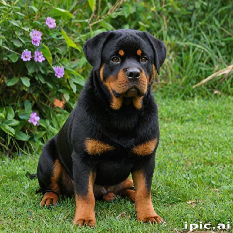A Charming Rottweiler Puppy Sitting Among Beautiful Green Grass and ...