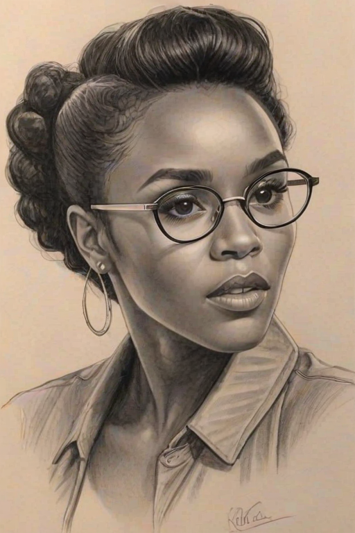 Sublime Janelle Monae, pencil sketch, portrait of Fetching woman 1932s in glasses, hair style beatnik, outline, clear lines, fine lines, 8k