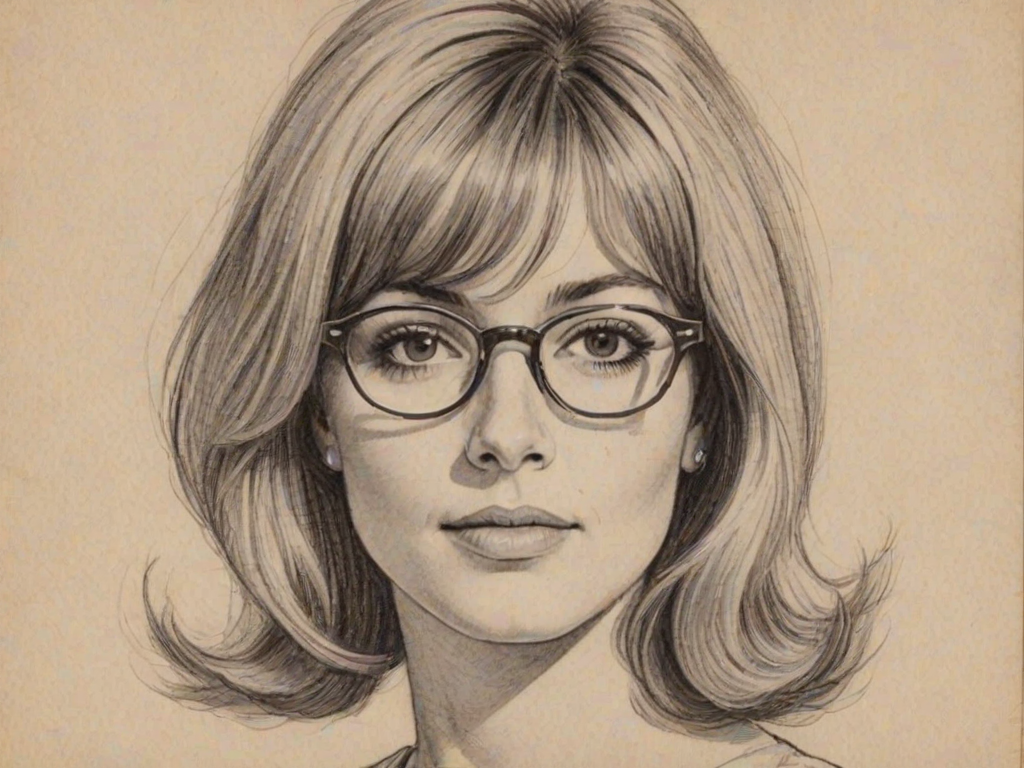 Splendid Crystal Bernard, pencil sketch, portrait of Delightful woman 1965s in glasses, hair style beatnik, outline, clear lines, fine lines, 8k