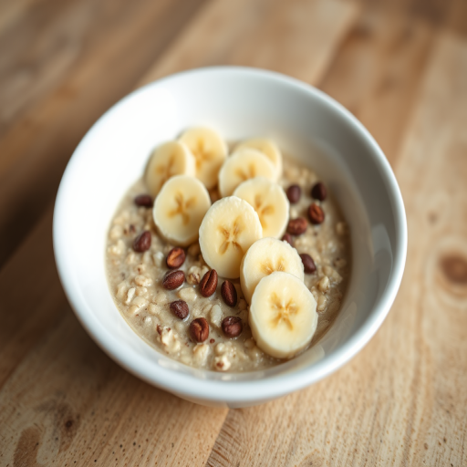A close-up shot of a bowl of oatmeal topped with sliced bananas on a textured table, using a DSLR camera with a 50mm lens, aperture set to f/1.8, ISO 100, natural light for enhanced clarity and warmth.