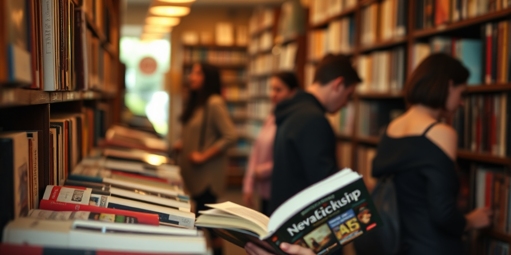 Blurry candid shot of a woman at a cozy bookshop, browsing through shelves of books, sunlight illuminating her face as she flips through a novel, surrounded by other readers.