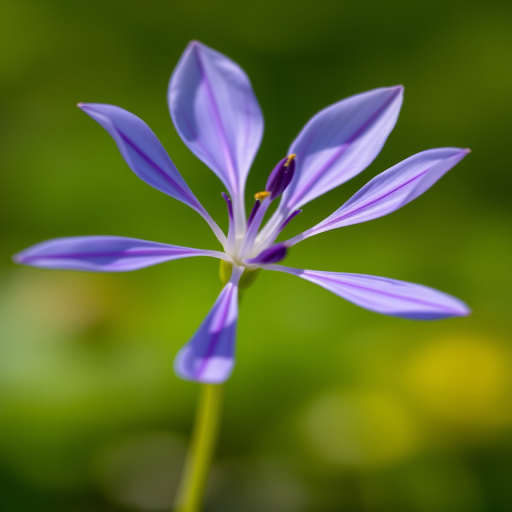 capture a close-up of a delicate purple flower with a soft green blurred background, use a 50mm lens, aperture f/2.8, shutter speed 1/200s, ISO 200, shot from eye level in natural light with a DSLR camera to enhance image quality