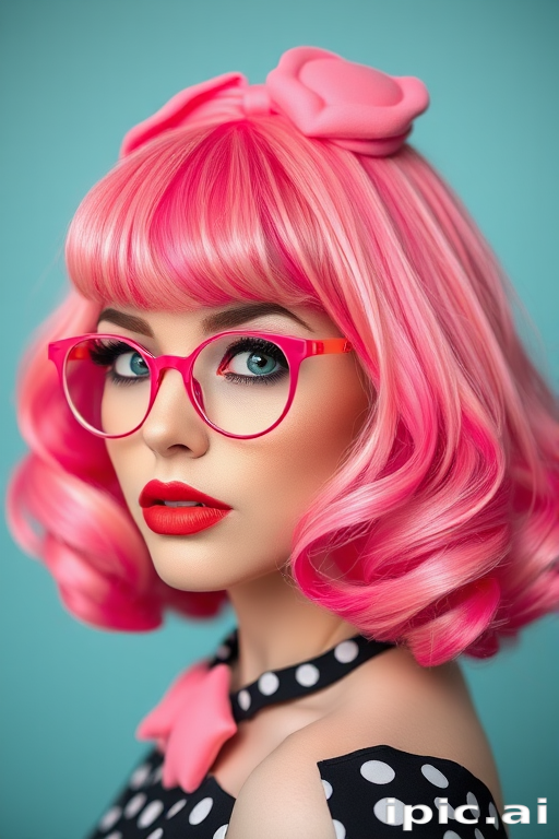Whimsical close-up reveals Bubblegum Pop bob, vibrant hot pink hair with lighter pastel pink highlights, styled in voluminous retro-inspired curls with candy-shaped accessories