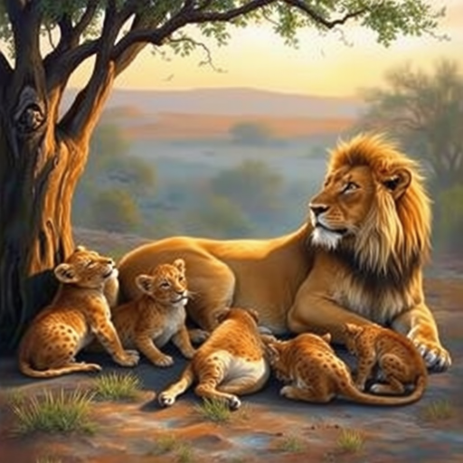 a beautiful realistic oil painting of a Lioness and Lion laying next to each other in a small shade tree while their cubs are playing around them.  1 cub is playing with The lions tail and 1 is biting the lionesses ear.  Setting is African desert.  The scene is warm and serene