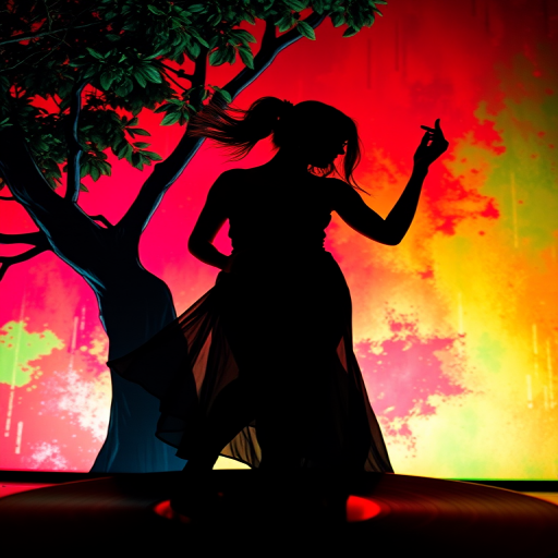 A vibrant silhouette of a dancing woman in front of a colorful abstract background with red, green, and yellow hues; a large tree on the left and a black vinyl record in the foreground, captured with a Canon EOS R5, 50mm f/1.4 lens, aperture f/2.8, shutter speed 1/125s, ISO 100, in a high-contrast, vivid style.
