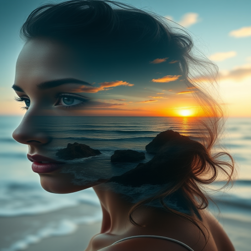this photo is Book cover, A surreal double exposure portrait that blends a woman's face with a beautiful seascape. The overall mood is dreamy and mystical, with rich colors and intricate details