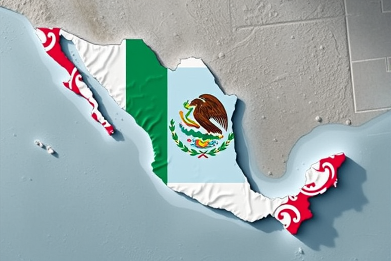 Create a high-resolution image of the map of Mexico overlaid with the national flag, using a DSLR camera, 50mm lens, f/8 aperture, 1/100s shutter speed, 100 ISO, in natural light, and a top-down view.