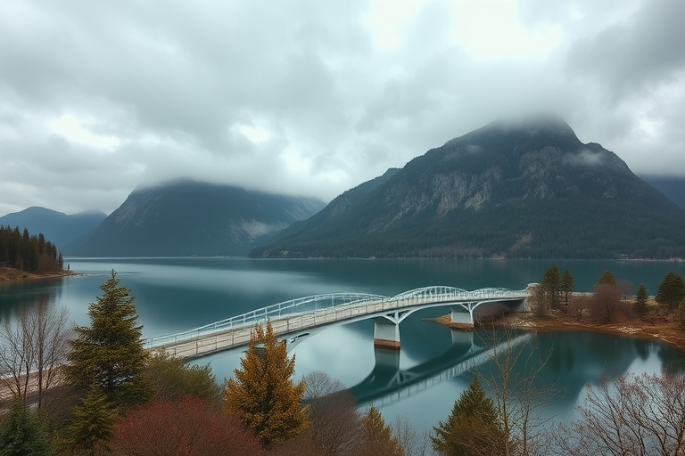 scenic view of a white bridge over a calm lake surrounded by mountains and trees during a cloudy day, shot with a Canon EOS R5, 50mm lens, f/2.8 aperture, ISO 100, soft natural lighting, landscape orientation