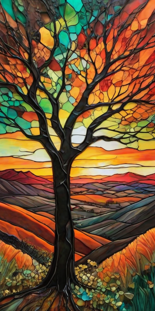 A vibrant abstract painting on Tiffany Glass, blending acrylic and alcohol ink techniques, captures a dramatic sunset over rolling hills. The artwork features a textured, rocky foreground in green and brown, layered abstract hills, and a striking sunset in rich oranges, yellows, and reds. A solitary black tree with intricate branches contrasts against the fiery sky, creating a dynamic and expressive portrayal of a breathtaking natural scene.